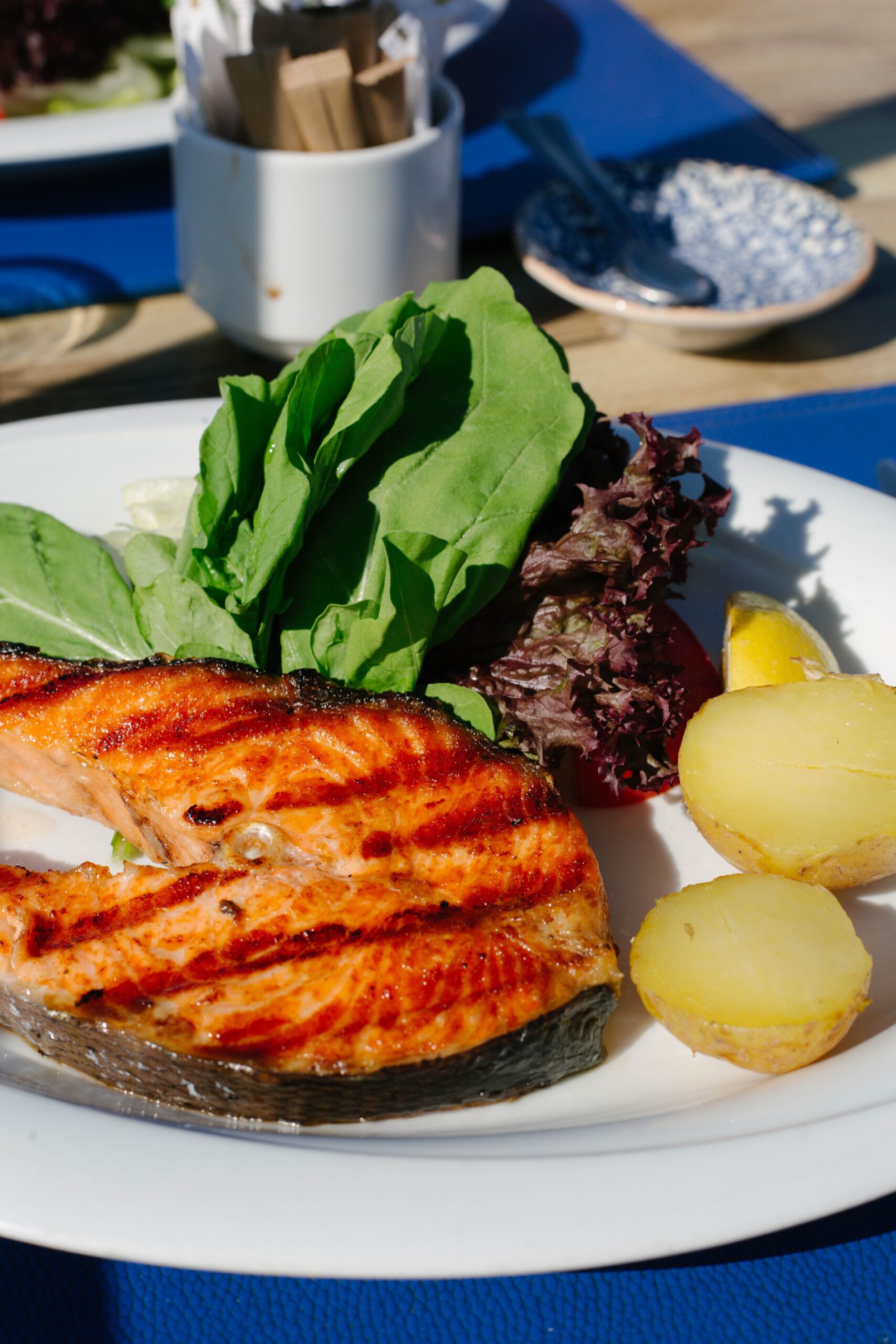 Grilled salmon steak served with boiled potatoes and fresh salad greens on a plate